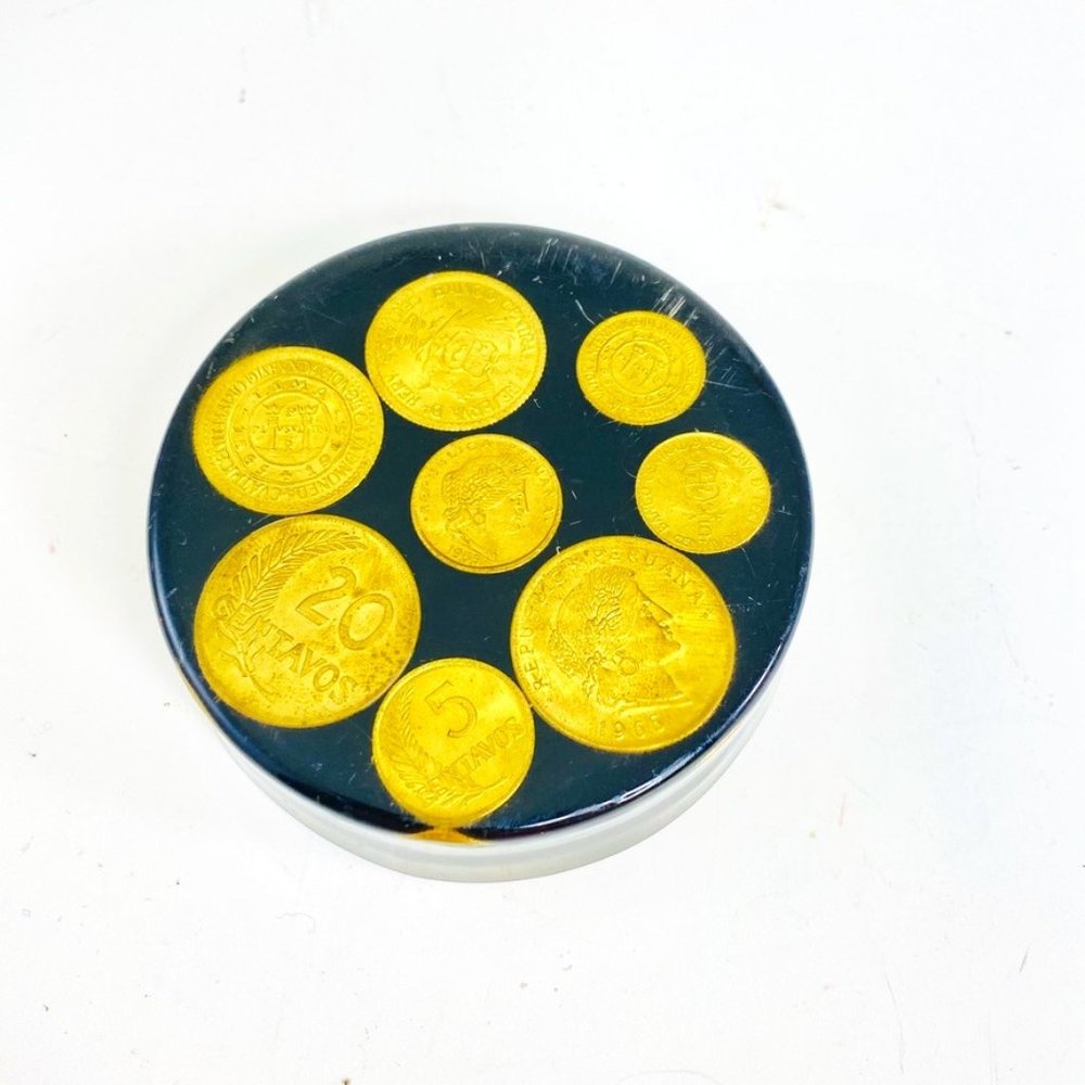 Vtg 1960s Centavos Coins Double Layer Embedded Round Acrylic Lucite Paperweight